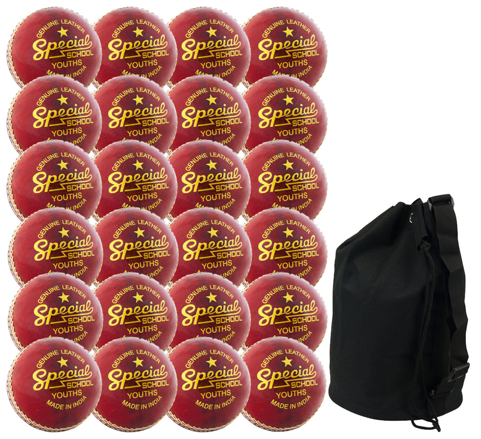 A set of 24 Readers Special School Cricket Balls, labeled Genuine Leather, Made in India, arranged next to a large black sports duffel bag. Includes free ball bag.