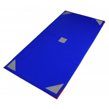 The Sure Shot Deluxe Mat - 40mm by Sure Shot is a large blue rectangular gymnastics floor mat with gray triangles on each corner and a gray square in the center, shown laid flat on a white background.