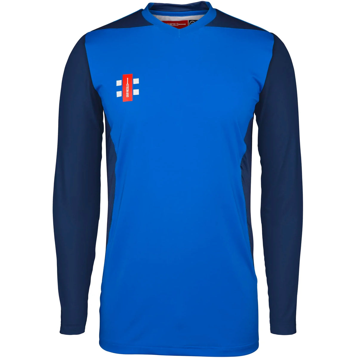 The Gray Nicolls T20 Shirt Long Sleeve features a royal blue front with navy sleeves and shoulders, plus a small red and white Gray Nicolls logo on the left chest—ideal for T20 matches.