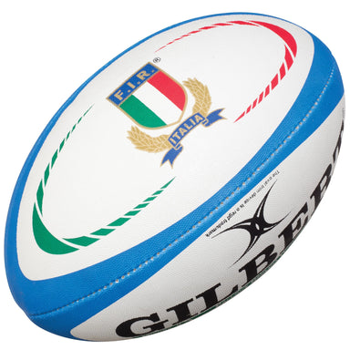 The Gilbert Italy Replica Rugby Ball is a white and blue ball featuring the Italian Rugby Federation logo and GILBERT branding—an ideal gift for any Italy rugby fan.
