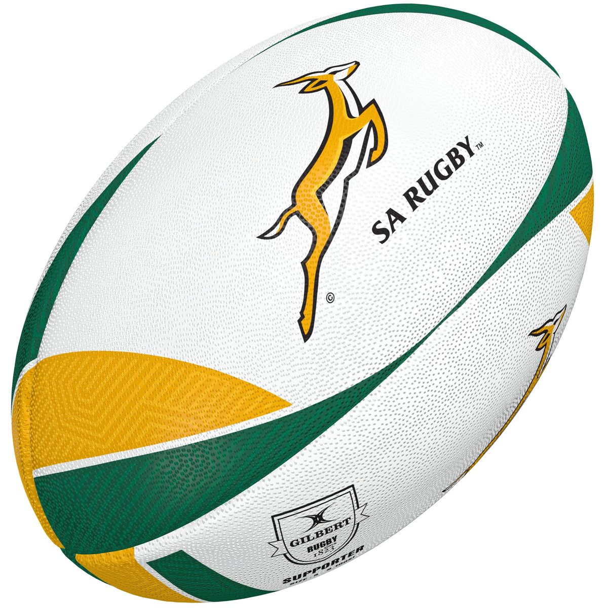 The Gilbert South Africa Supporter Rugby Ball features a white design with green and gold patterns, the Springbok logo, SA RUGBY text, and the Gilbert branding—ideal for South Africa rugby and Rugby World Cup fans.
