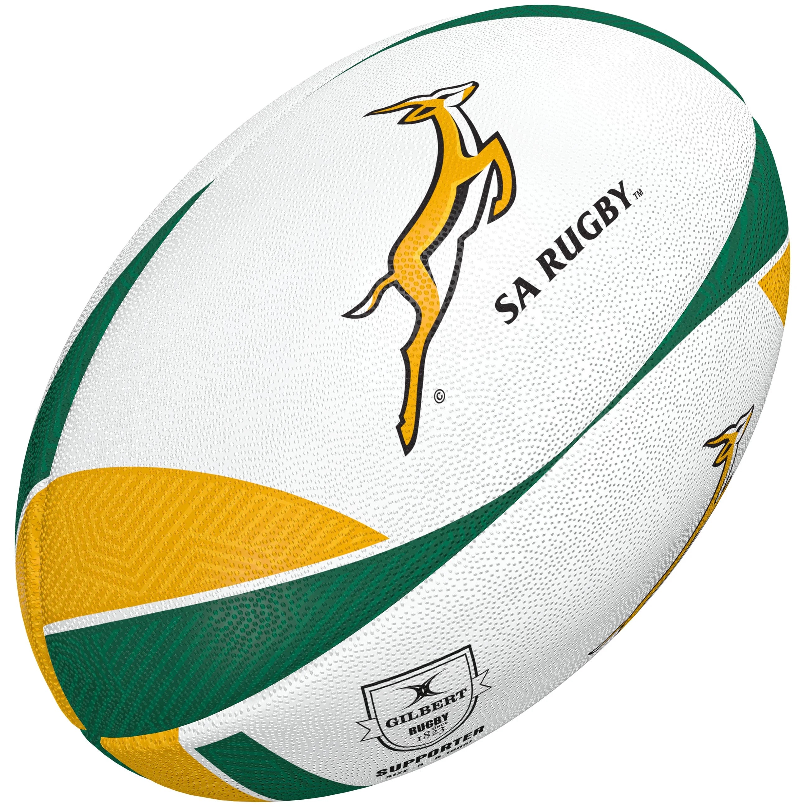 The Gilbert South Africa Supporter Rugby Ball features a white design with green and gold patterns, the Springbok logo, SA RUGBY text, and the Gilbert branding—ideal for South Africa rugby and Rugby World Cup fans.