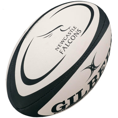 The Gilbert Newcastle Falcons Replica Rugby Ball by Gilbert features the team logo in black and white—ideal for rugby training or backing your Gallagher Premiership Rugby favorites.