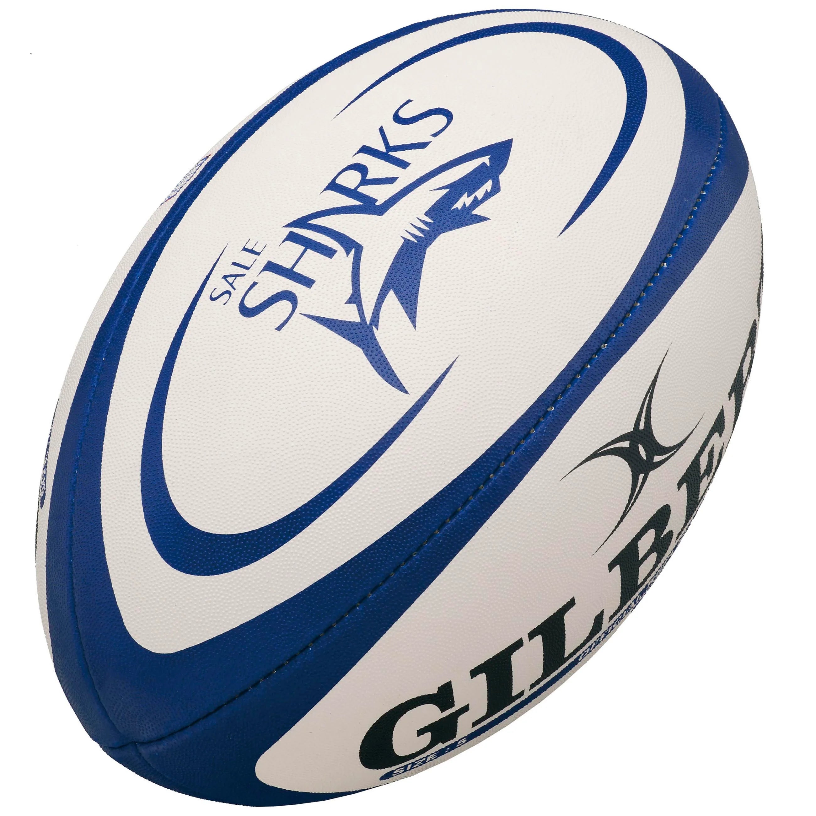 The Gilbert Sale Sharks Replica Rugby Ball by Gilbert features the team logo, a shark graphic, and "GILBERT" printed on the side—perfect for Gallagher Premiership Rugby fans.