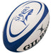 The Gilbert Sale Sharks Replica Rugby Ball by Gilbert features the team logo, a shark graphic, and "GILBERT" printed on the side—perfect for Gallagher Premiership Rugby fans.