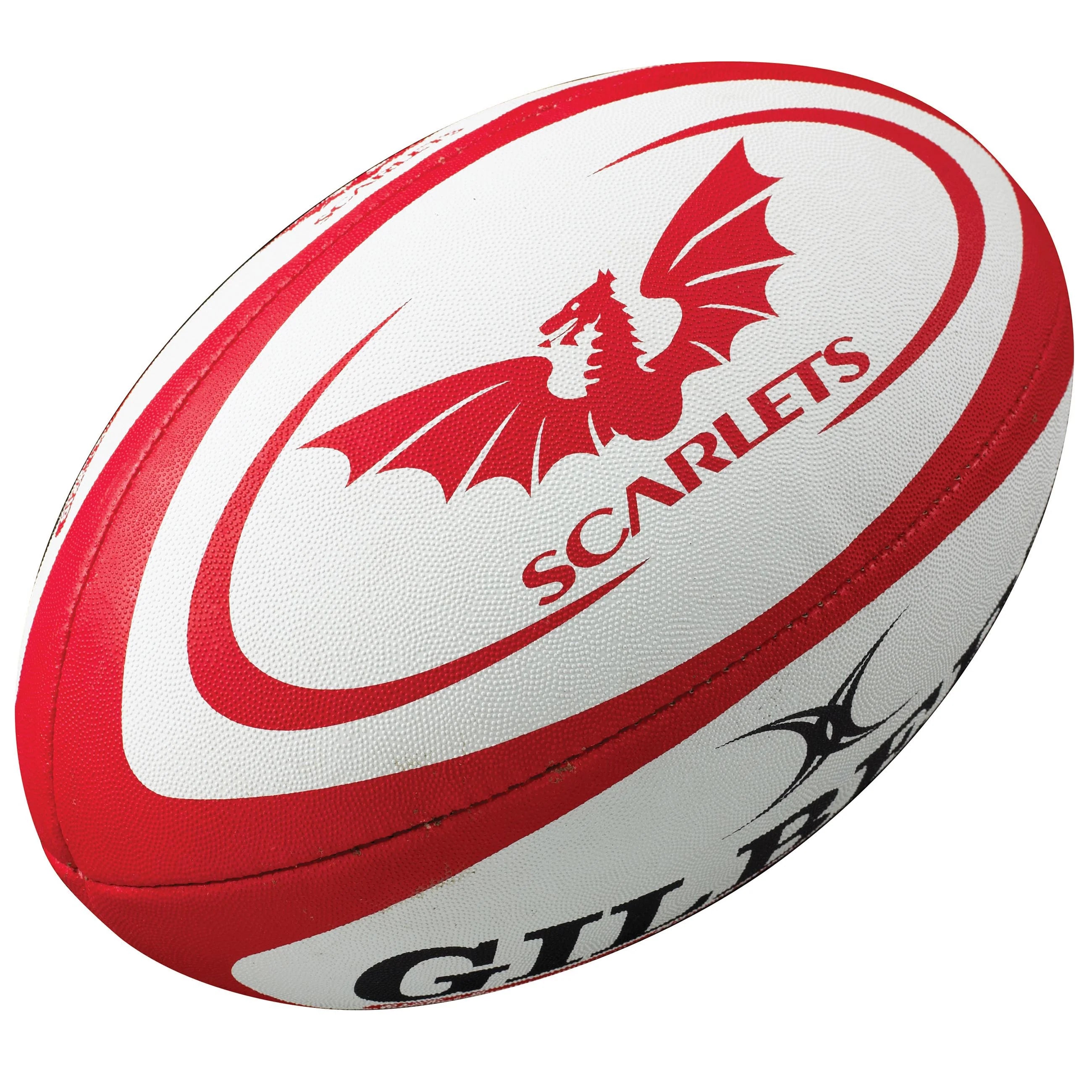 The Gilbert Scarlets Replica Rugby Ball by Gilbert features the Scarlets team logo with a red dragon—an ideal choice for any Guinness Pro 14 rugby fan.