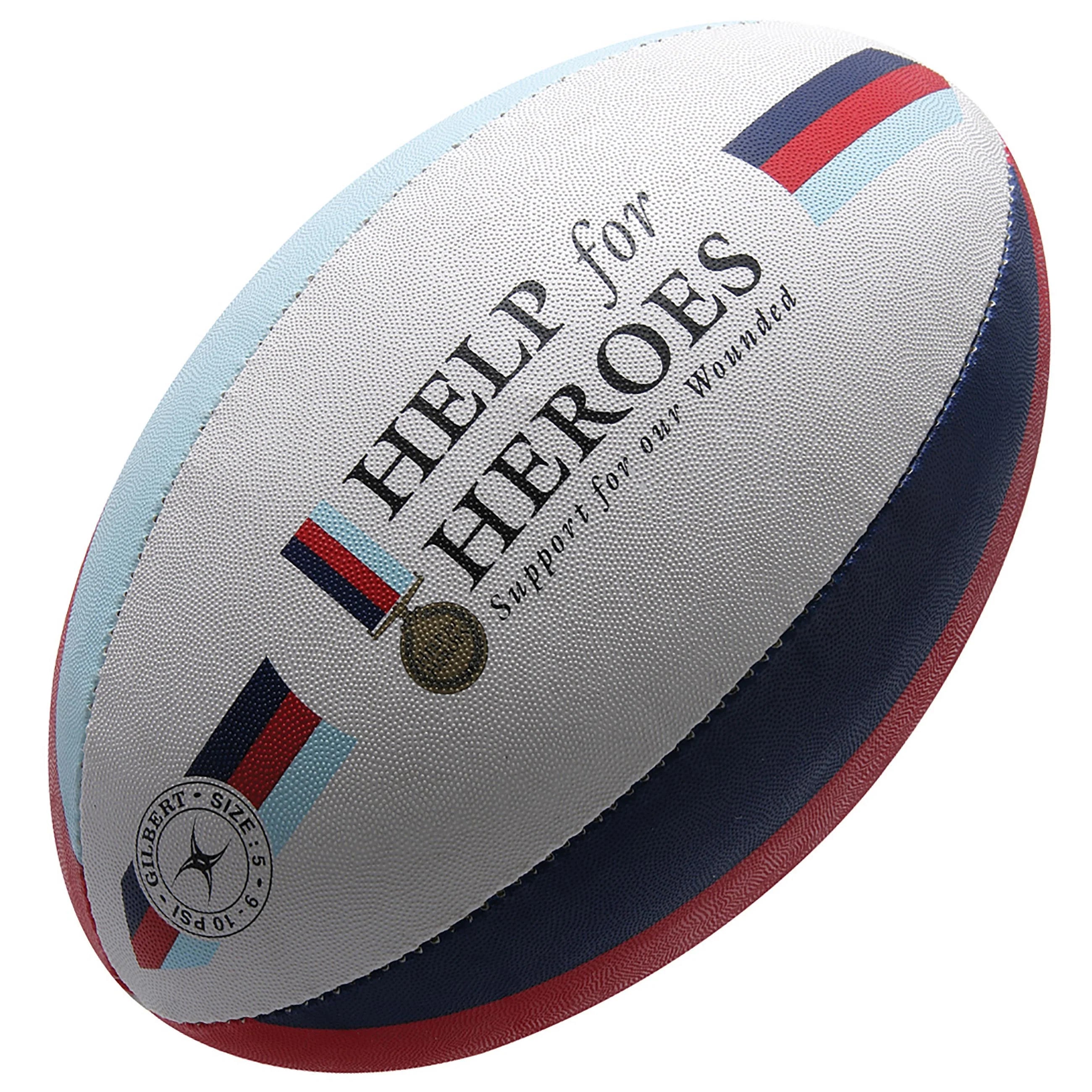 The Gilbert Help for Heroes Supporter Rugby Ball by Gilbert features blue, red, and white stripes, a medal graphic, and the text “Help for Heroes – Support for our wounded” printed on this charity rugby ball.