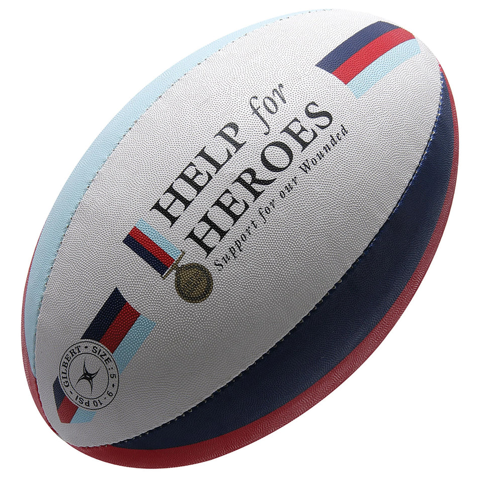 The Gilbert Help for Heroes Supporter Rugby Ball by Gilbert features blue, red, and white stripes, a medal graphic, and the text “Help for Heroes – Support for our wounded” printed on this charity rugby ball.