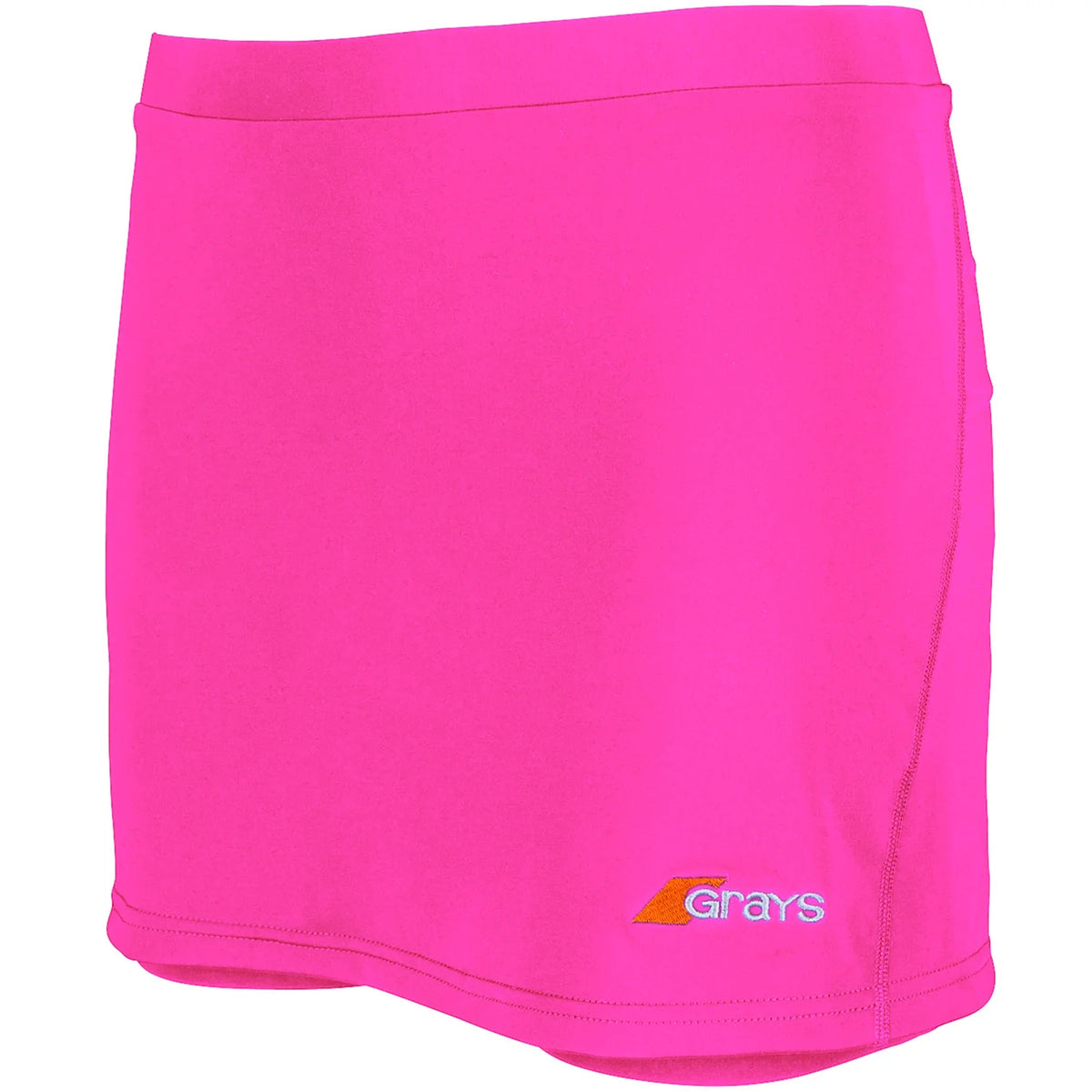 The Grays Junior Apex Hockey Skort is bright pink with the Grays logo in orange and white near the bottom hem. Made from comfortable stretch fabric, it features simple stitching and a fitted waistband for girls’ sportswear.