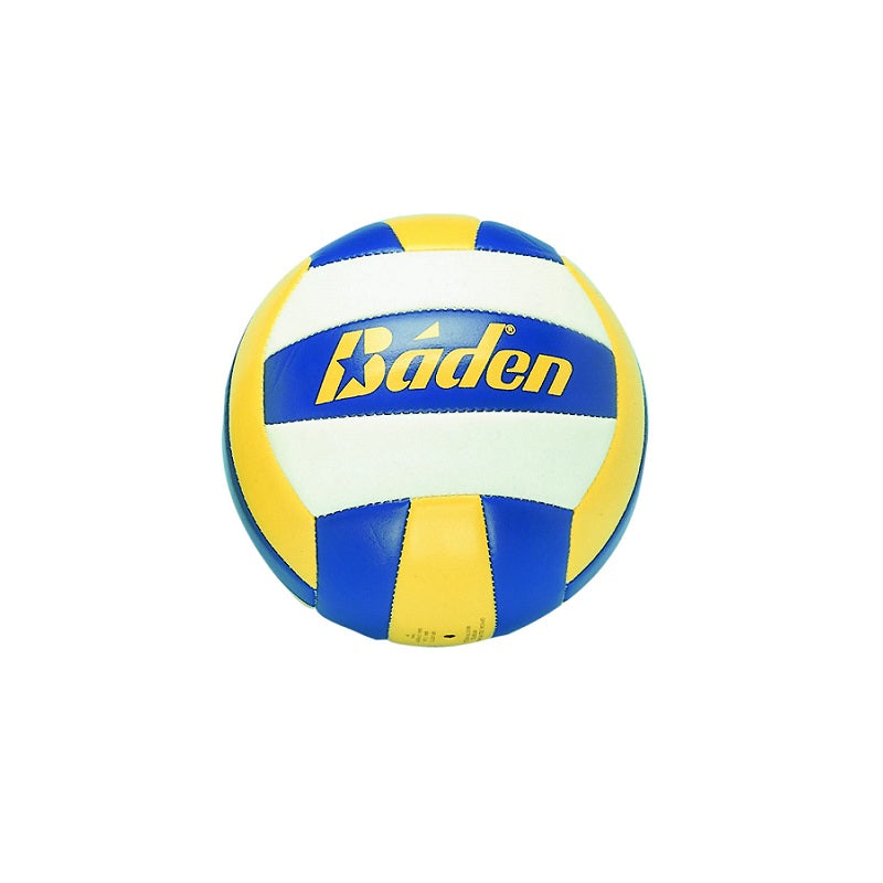 The BVSL14 Indoor & Beach Volleyball by Baden Sports is a hand sewn ball with yellow, blue, and white panels featuring the Baden logo on blue—ideal for recreational volleyball games.
