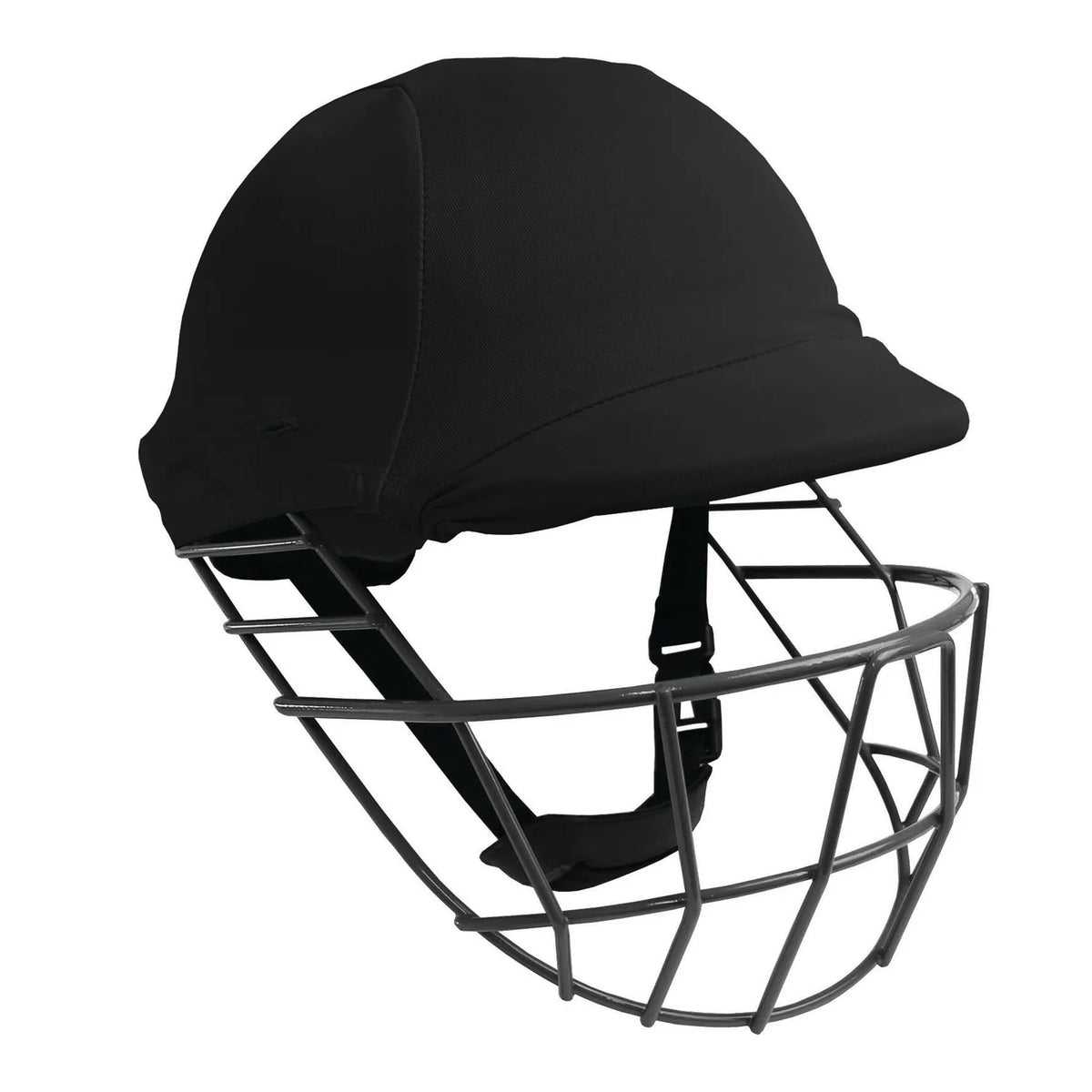 The Gray Nicolls Helmet Clads in black features a metal face guard, adjustable chin strap, and customisable helmet colours for personalised head protection during play, shown here on a white background.
