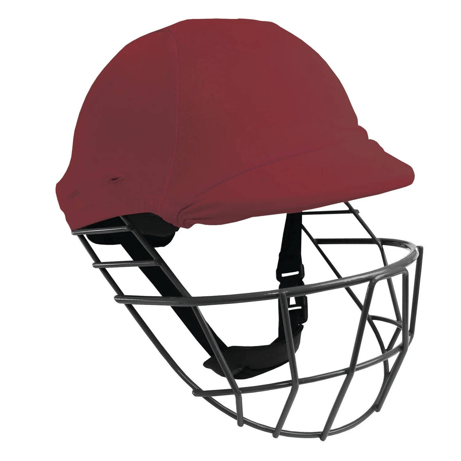 The Gray Nicolls Helmet Clads is a maroon helmet with a black faceguard and adjustable chin strap, designed for head and face protection while ensuring style and safety during play.