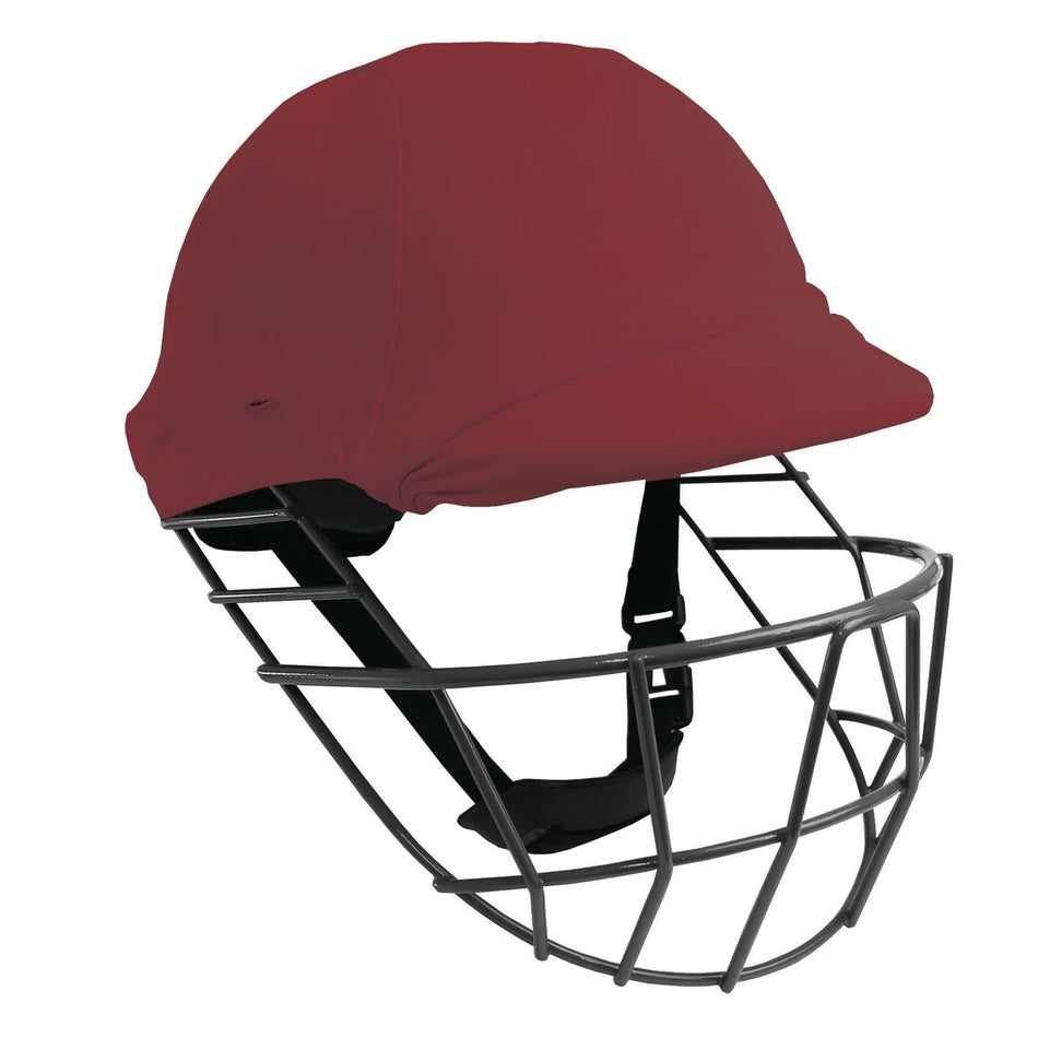 The Gray Nicolls Helmet Clads is a maroon helmet with a black faceguard and adjustable chin strap, designed for head and face protection while ensuring style and safety during play.