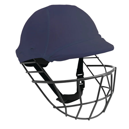 A navy blue Gray Nicolls Helmet Clads with a protective metal face grill and a black adjustable chin strap, displayed against a white background.
