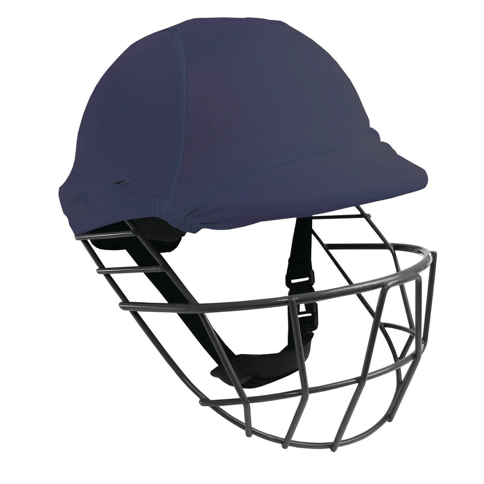 A navy blue Gray Nicolls Helmet Clads with a protective metal face grill and a black adjustable chin strap, displayed against a white background.