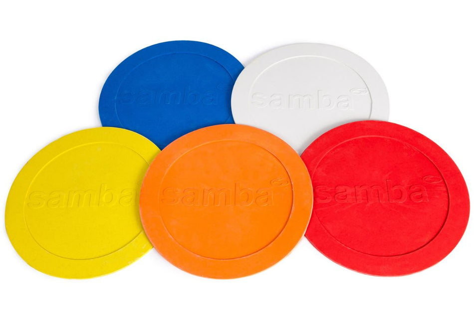 Five Flat Disc Markers by Samba Sports, in multicoloured shades, are arranged in a cluster on a white background. Each disc is embossed with the Samba logo, making them perfect for sports positioning during various activities.
