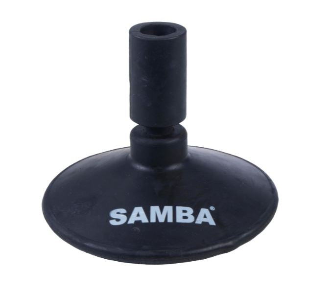 The Samba Sports Multi-Purpose Heavy Duty Pole Base is a durable black rubber base, printed with 'SAMBA' in white, designed to securely hold and support vertical poles like boundary or corner flag poles.
