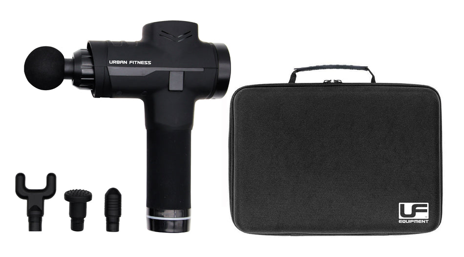 The Urban Fitness Massage Gun, in black, comes with four interchangeable heads and a matching carrying case—ideal for deep tissue muscle relief at home or on the go. Displayed on a white background.