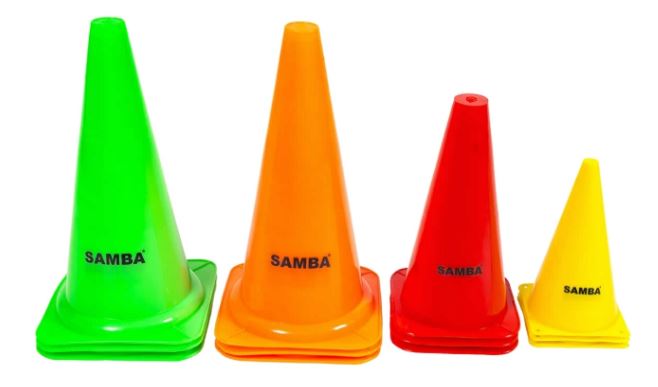 The Samba Traffic Cones - Set of 4 by Samba Sports includes green, orange, red, and yellow plastic cones labeled "SAMBA," arranged from largest to smallest.
