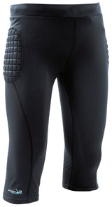 The Precision Training Precision Padded Baselayer G K 3/4 Pants Adult feature right hip padding, below-the-knee compression fit, small hem logo, and are made from Precision Fit fabric for comfort—ideal for sports protection.