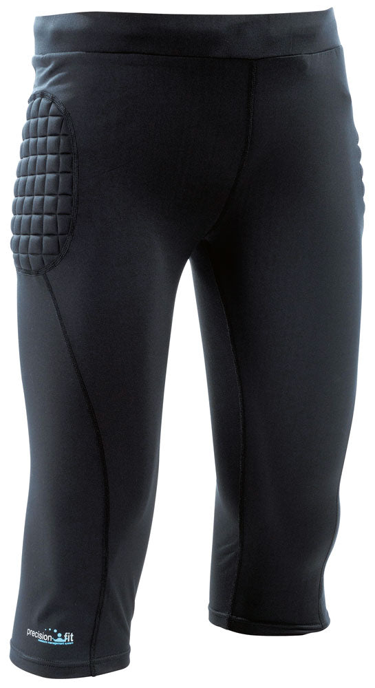 The Precision Training Precision Padded Baselayer G K 3/4 Pants Adult feature right hip padding, below-the-knee compression fit, small hem logo, and are made from Precision Fit fabric for comfort—ideal for sports protection.