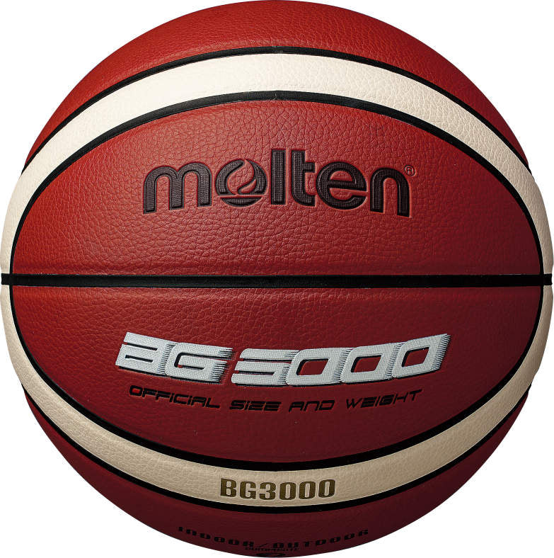A close-up of the Molten BG3000 Synthetic Basketball, featuring its textured synthetic leather surface, white and red-brown panels, and branding details such as Molten and Official Size and Weight.