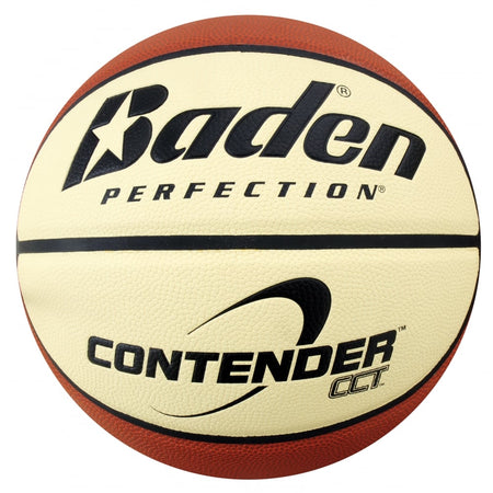 A close-up of a Baden Sports B321 Contender BasketBall in cream and brown, featuring the brand name and model printed in black on its synthetic leather surface.