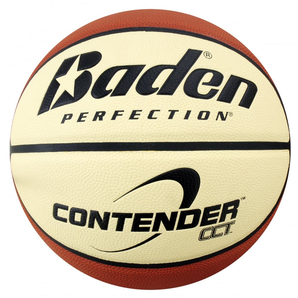 A close-up of a Baden Sports B321 Contender BasketBall in cream and brown, featuring the brand name and model printed in black on its synthetic leather surface.