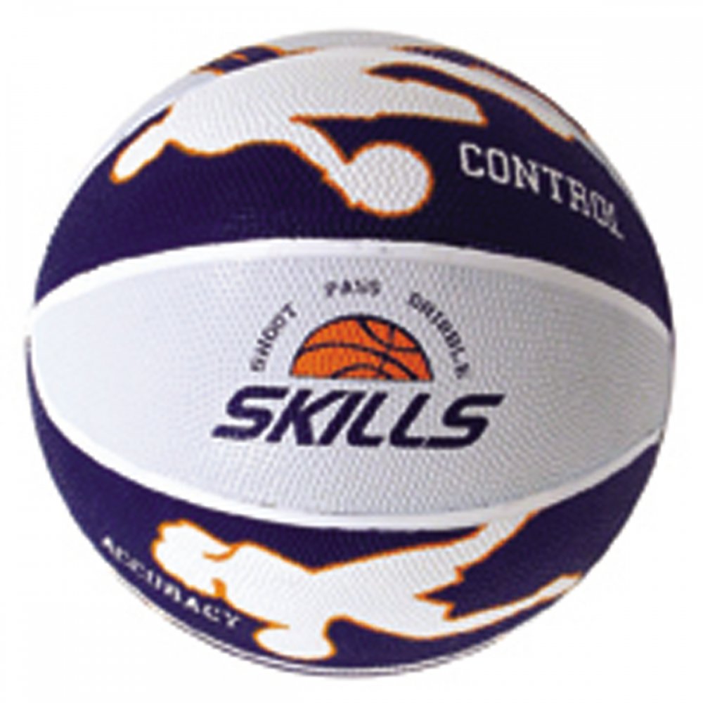 The Baden Sports BRSK6 Skills Basketball, size 6, features a white and purple design with "SKILLS," "CONTROL," "ACCURACY," player silhouettes, and an orange ball—ideal for youth games or basketball coaching drills.