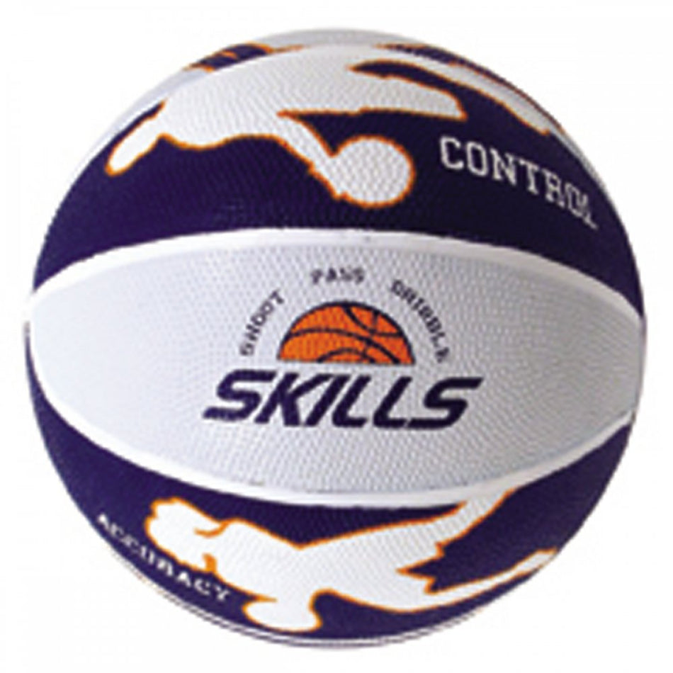 The Baden Sports BRSK6 Skills Basketball, size 6, features a white and purple design with "SKILLS," "CONTROL," "ACCURACY," player silhouettes, and an orange ball—ideal for youth games or basketball coaching drills.