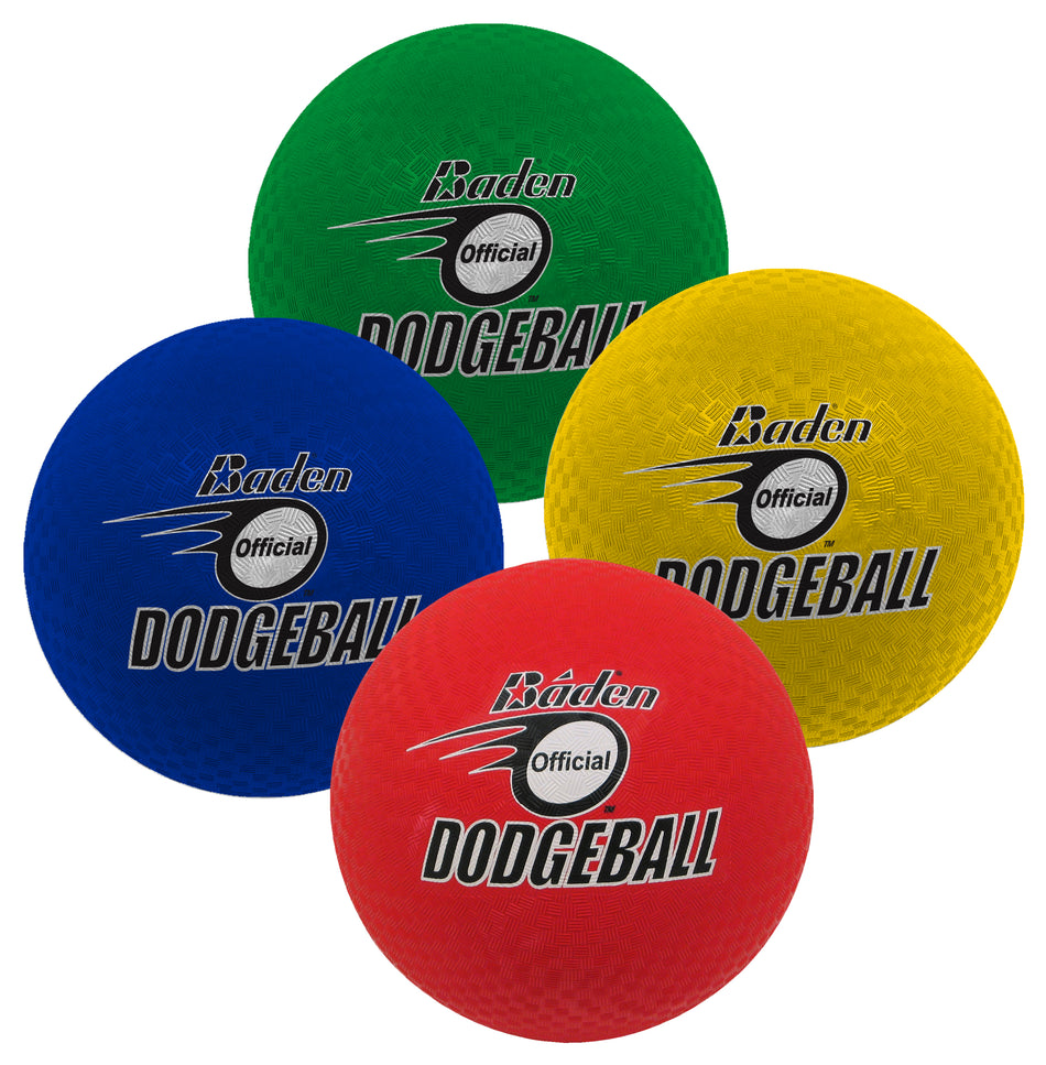 Four Baden Dodgeballs (Pack of Four, Size 7) by Baden Sports—textured, soft rubber balls in green, blue, yellow, and red—are arranged overlapping against a white background.
