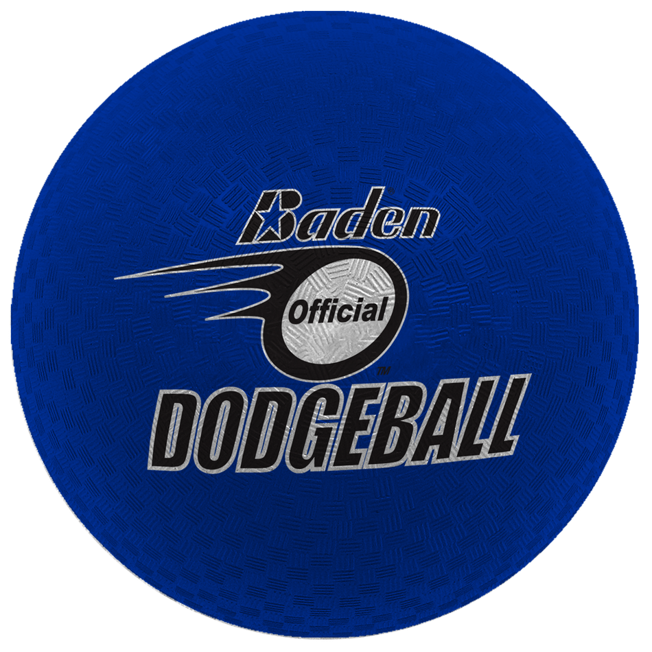The Baden Dodgeball (Blue) by Baden Sports is a size 7 blue textured rubber dodgeball featuring "Baden Official Dodgeball" printed in black, white, and silver on the front with a stylized swoosh design.