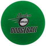 The Baden Dodgeball (Green) by Baden Sports is a green, textured, soft rubber dodgeball featuring "Baden Official Dodgeball" printed in black and white on the front.
