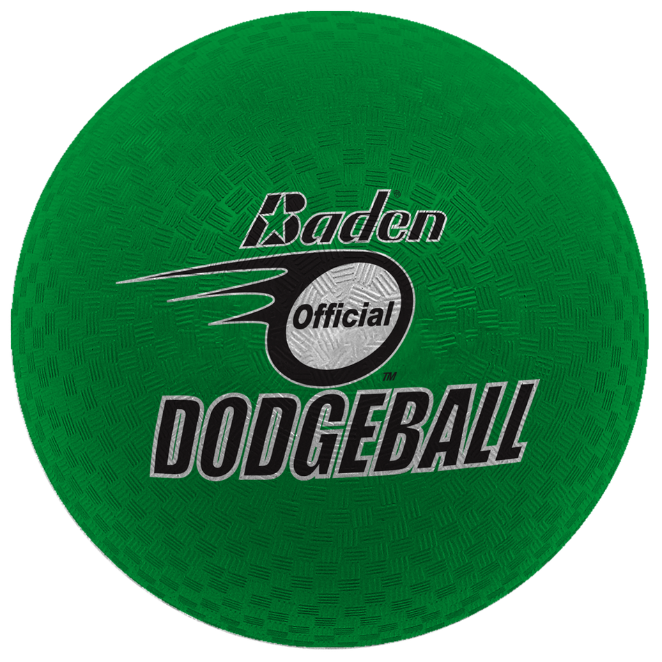 The Baden Dodgeball (Green) by Baden Sports is a green, textured, soft rubber dodgeball featuring "Baden Official Dodgeball" printed in black and white on the front.