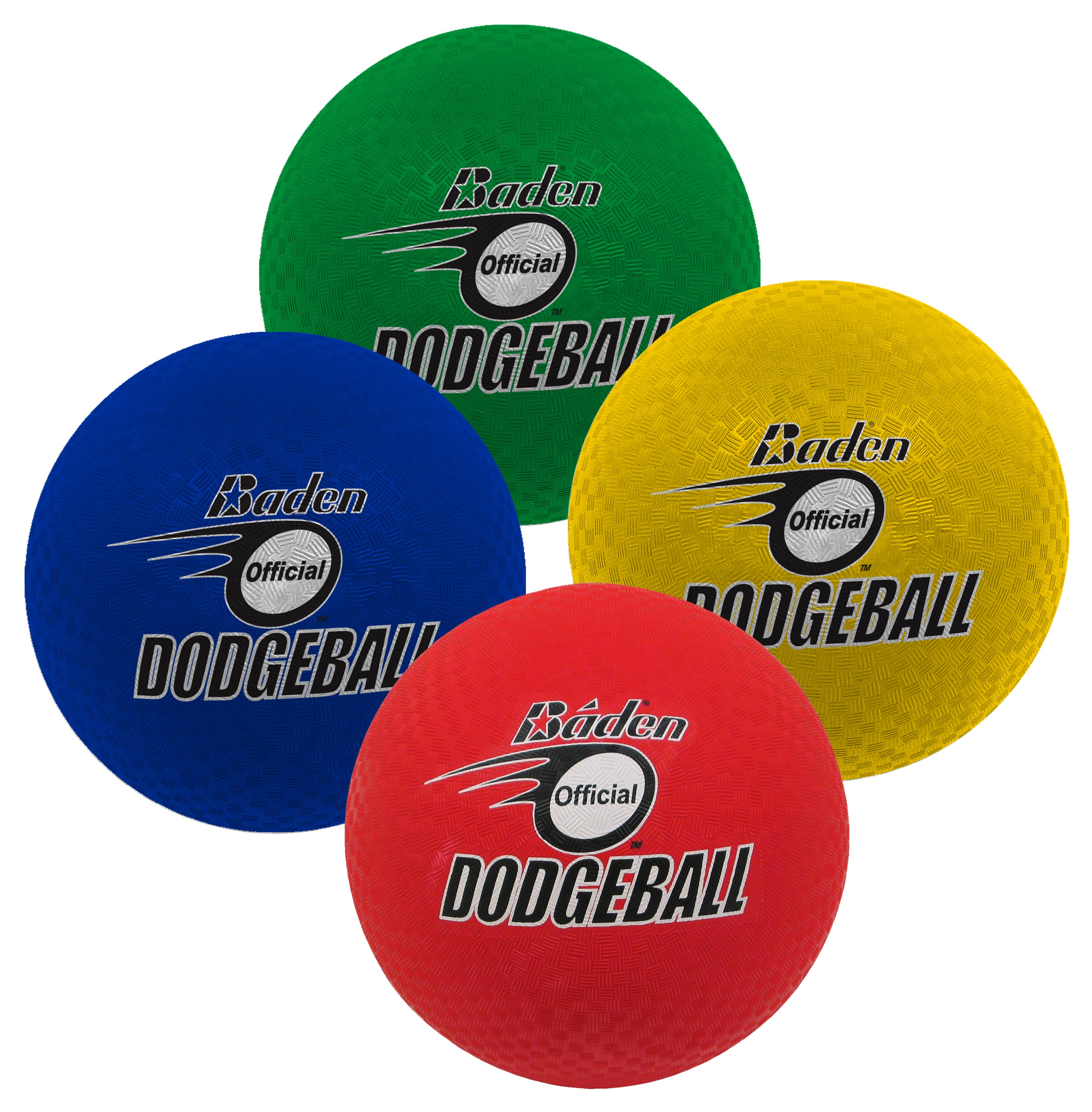 A set of four Baden Sports Dodgeballs (Pack of Four, Size 8.5) in green, blue, yellow, and red are arranged overlapping on a white background, each featuring the black and white "Baden Official Dodgeball" logo.
