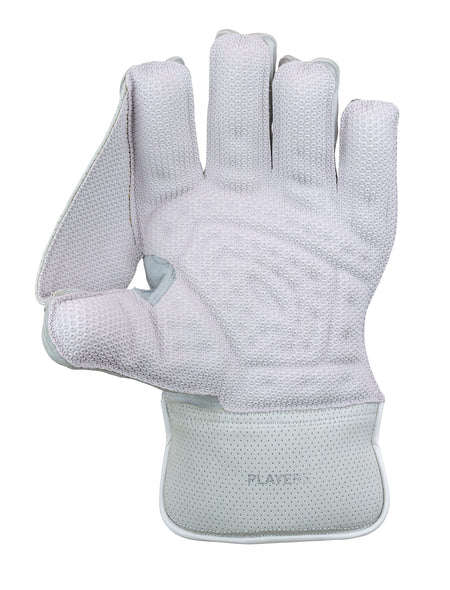 The Hunts County Players Grade WK Glove is a white wicket keeping glove by Hunts County, featuring textured Pittards leather for grip, a perforated wrist, and "PLAYER" printed near the wrist. Shown palm up with the thumb partly bent inward.