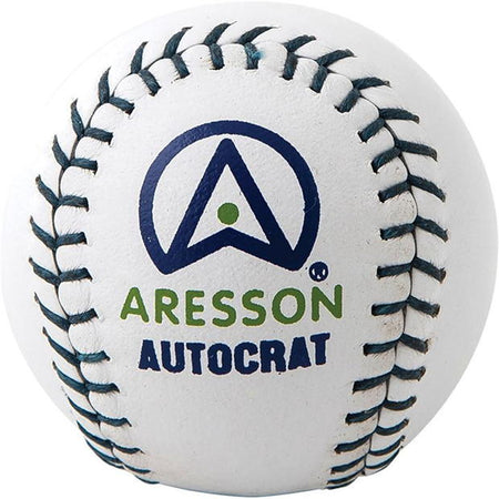 The Aresson Dictator Rounders Bat & Ball Pack includes a white rounders ball with dark stitches featuring the Aresson logo, plus a quality bat—ideal for playing rounders.