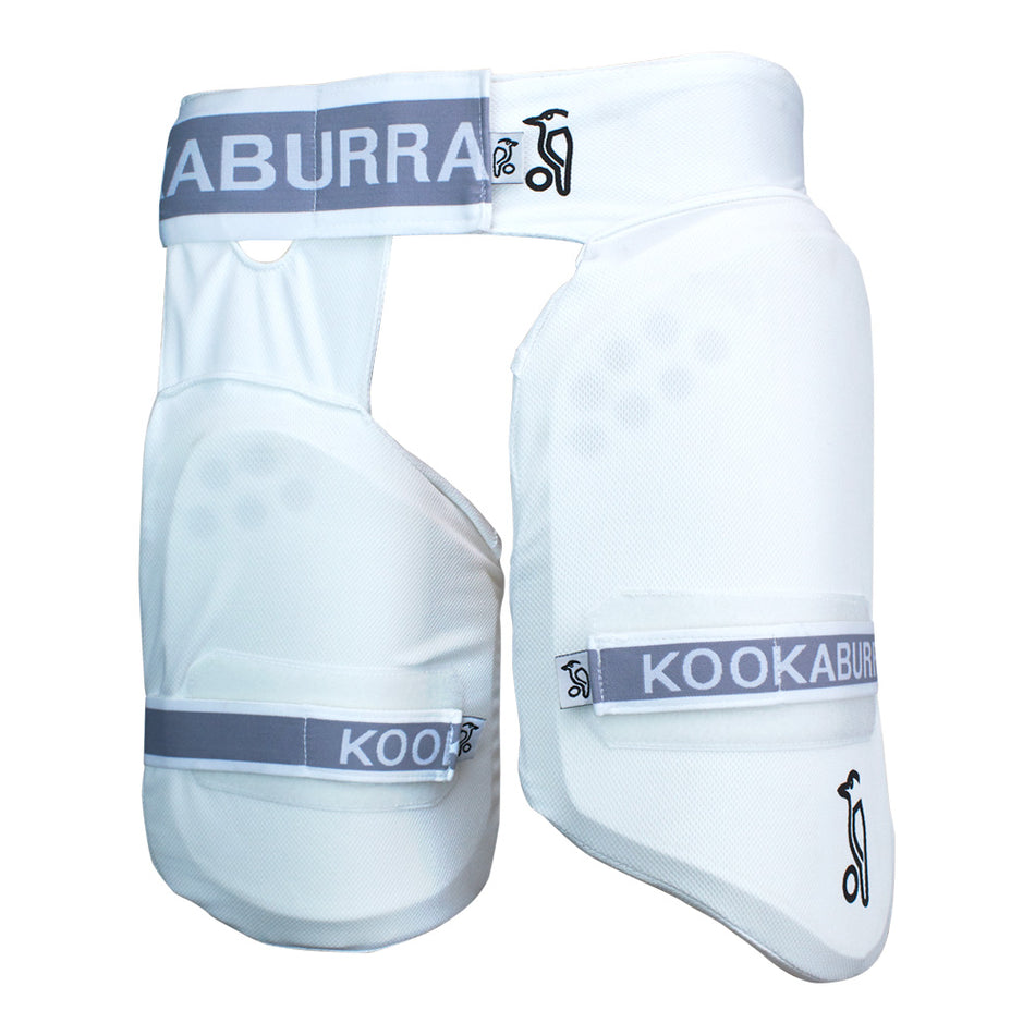The Kookaburra Pro Guard 500 cricket thigh guard features grey adjustable straps with KOOKABURRA branding, offering essential protection and comfort as reliable cricket gear.