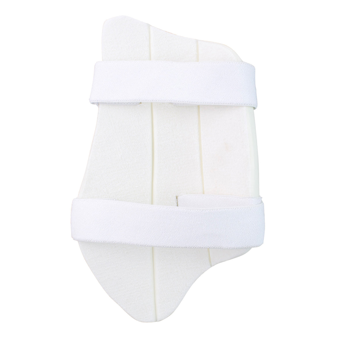 The Kookaburra 1000 Thigh Pad by Kookaburra features a white foam design with two adjustable Velcro straps for a secure fit, a sculptured HDF core for impact protection, and is contoured to fit the thigh.