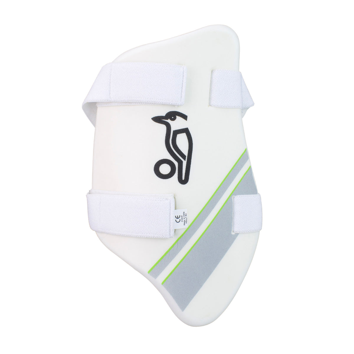 The Kookaburra 1000 Thigh Pad is a white pad with an absorbent towel back, two adjustable Velcro straps, a black kookaburra logo above a cricket ball, and a diagonal grey and green stripe.