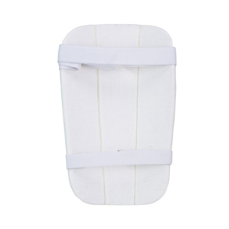 The Kookaburra 500 Thigh Pad by Kookaburra is a rectangular white splint with rounded corners, two adjustable straps, and moulded HDF construction for enhanced protection, designed to immobilize or support an injured limb.