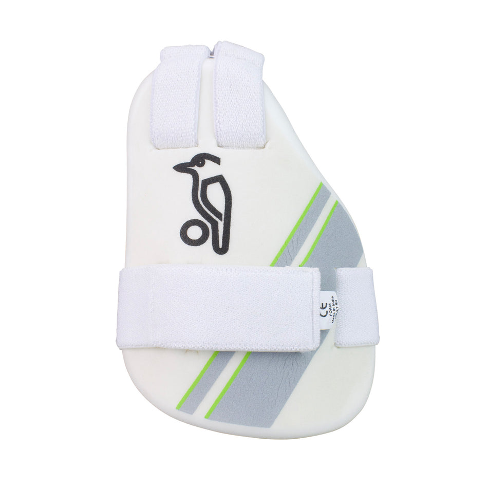 The Kookaburra 1000 Inner Thigh Guard by Kookaburra features sculptured HDF for impact protection, two Velcro straps, green and grey diagonal stripes, an absorbent towel back, and a black bird logo on the top.