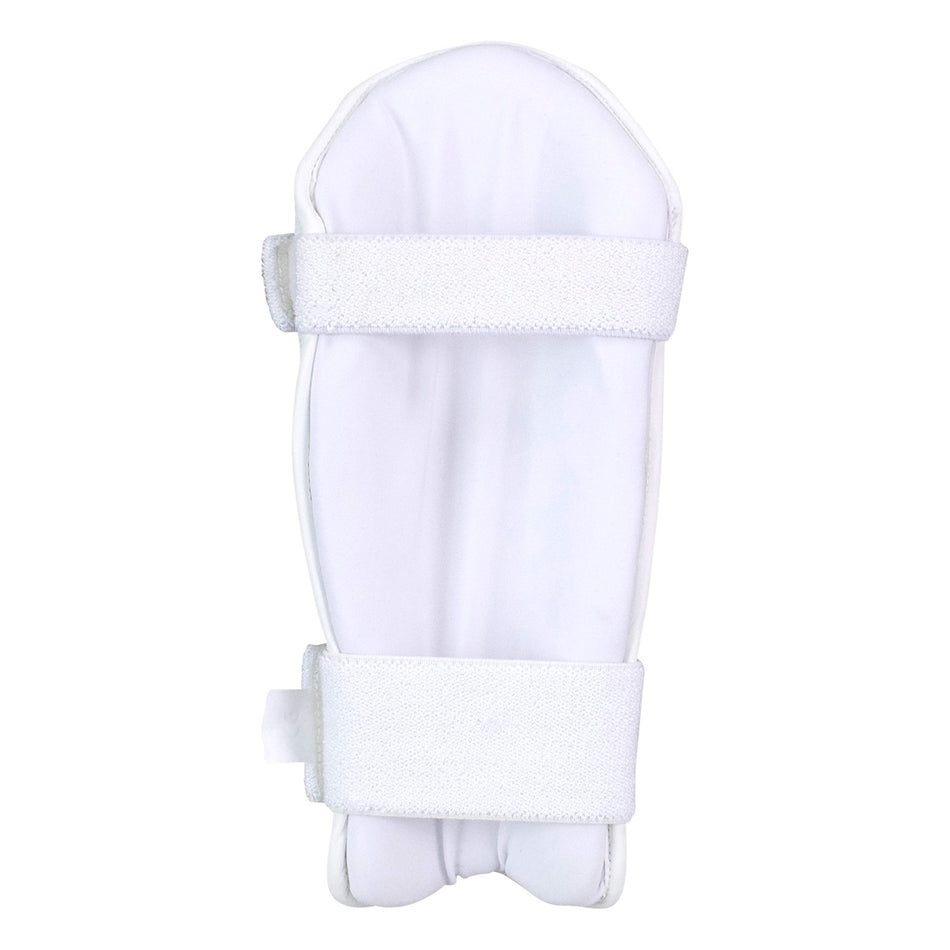 The Kookaburra Pro Armguard Adult by Kookaburra is a white PU sports guard with two adjustable Velcro straps and a multi flex design for superior impact protection, displayed against a plain background.