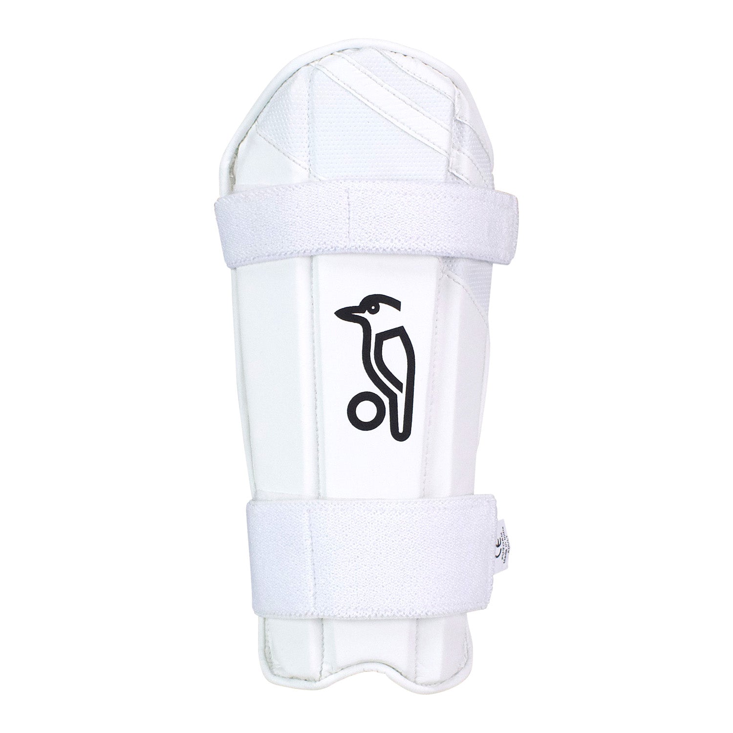 The Kookaburra Pro Armguard Adult is a white arm guard with premium PU, two horizontal straps, and a black Kookaburra logo with a bird and ball at the center for superior impact protection.