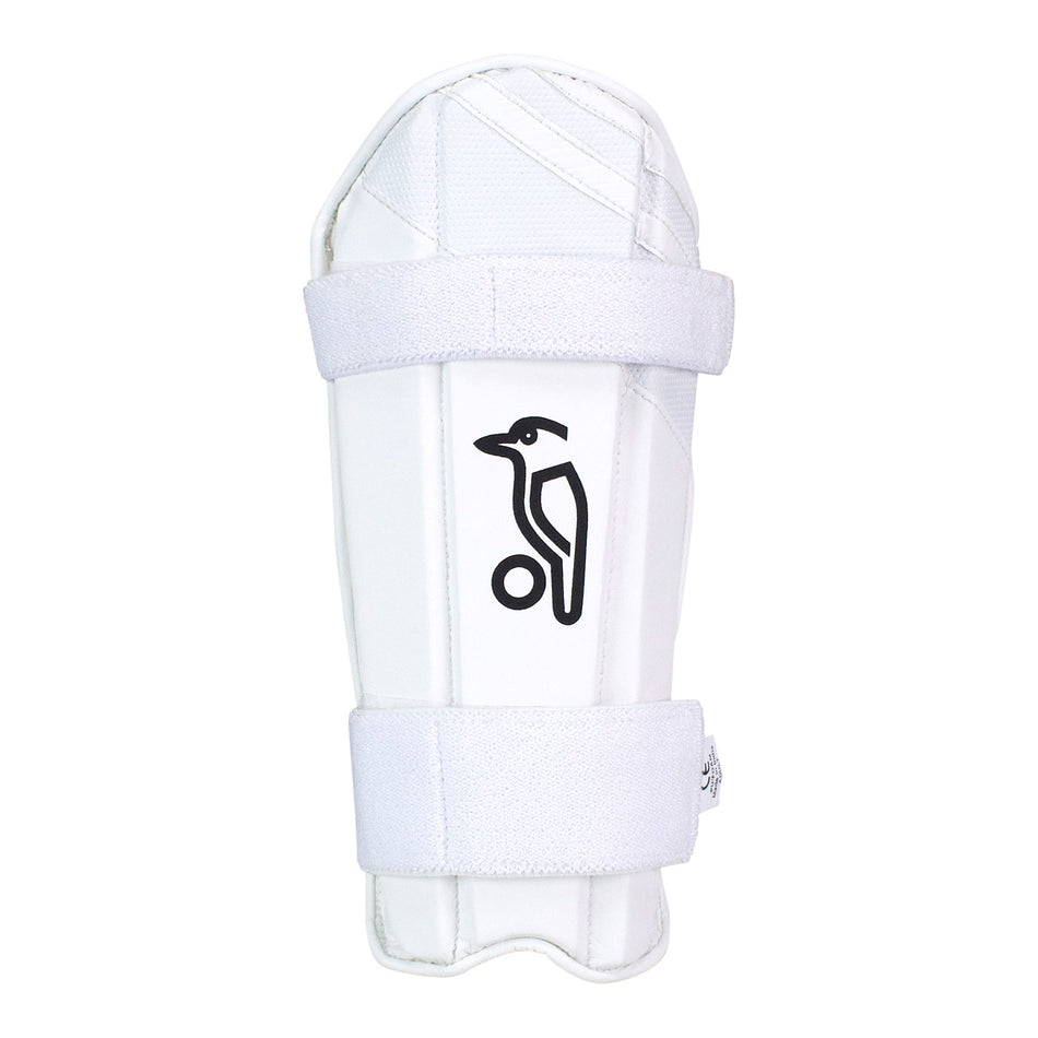The Kookaburra Pro Armguard Adult is a white arm guard with premium PU, two horizontal straps, and a black Kookaburra logo with a bird and ball at the center for superior impact protection.