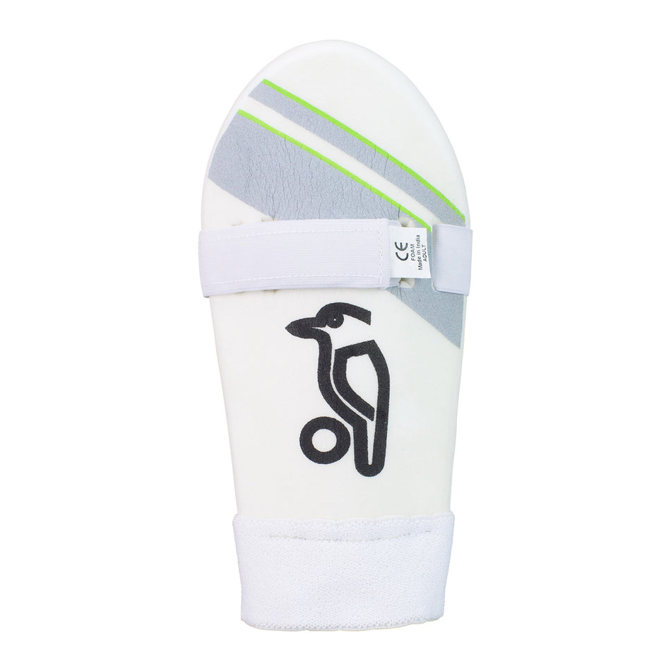 The Kookaburra 1000 Arm Guard by Kookaburra features white design with grey and green stripes, a black bird logo, adjustable white straps, and a towel-backed surface for comfort and extra impact protection.