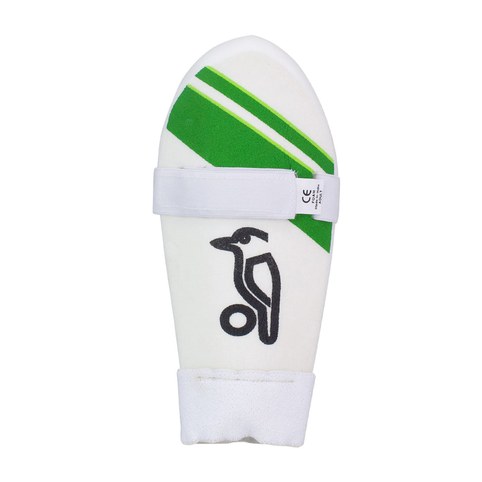 The Kookaburra 500 Arm Guard by Kookaburra is a white Grade 3 cricket arm guard with green diagonal stripes, black bird logo, HDF Towel Backing for impact protection, and an adjustable white strap.