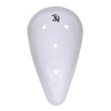 The Kookaburra Pro Abdo Guard is a white, teardrop-shaped protective gear for cricket players, featuring four holes and a black logo near the top, providing Grade 1 protection.