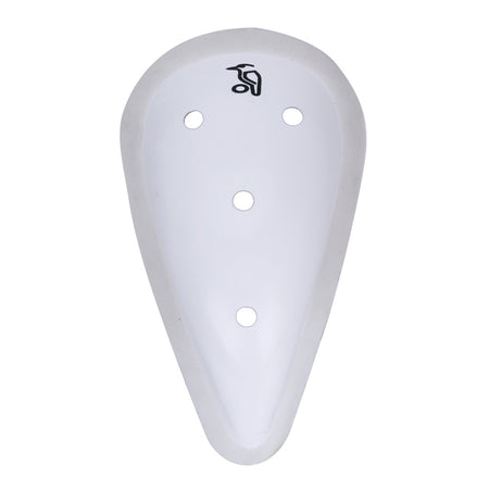 The Kookaburra Pro Abdo Guard is a white, teardrop-shaped protective gear for cricket players, featuring four holes and a black logo near the top, providing Grade 1 protection.