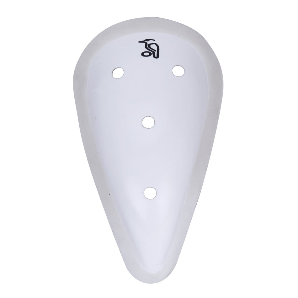 The Kookaburra Pro Abdo Guard is a white, teardrop-shaped protective gear for cricket players, featuring four holes and a black logo near the top, providing Grade 1 protection.